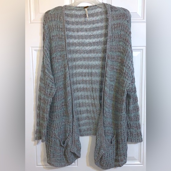 Free People Sweaters - Free People‎ Open Front Light Knit Cardigan Pockets Women’s M Marble Blue Boho